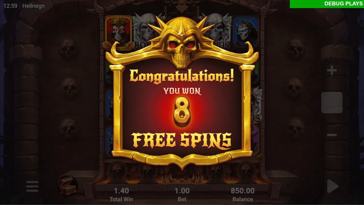 Interface sombria e infernal do slot Hellreign Scatter Magnet com símbolos de demônios e almas.