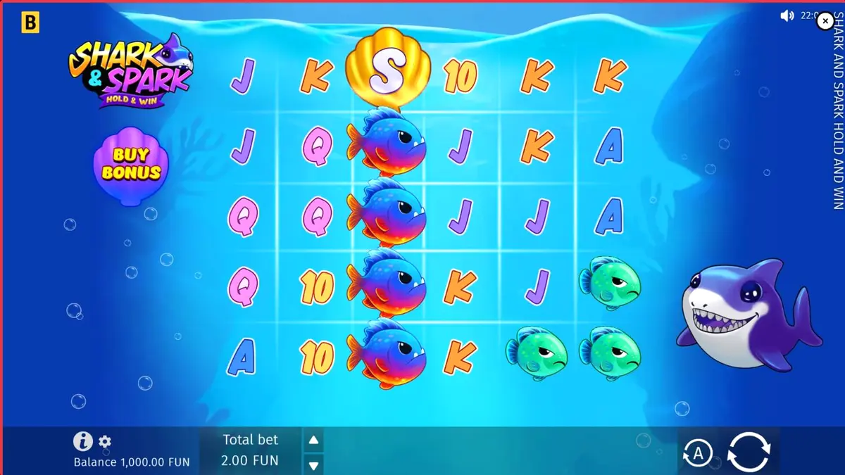 O slot Shark & Spark Hold & Win apresenta um design cartoon vibrante com um tubarão amigável e símbolos subaquáticos coloridos.