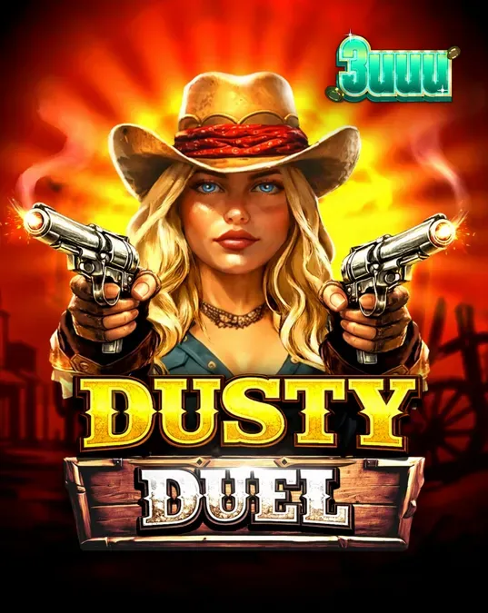 Cenário temático de Velho Oeste do jogo Dusty Duel com elementos de revólver e deserto